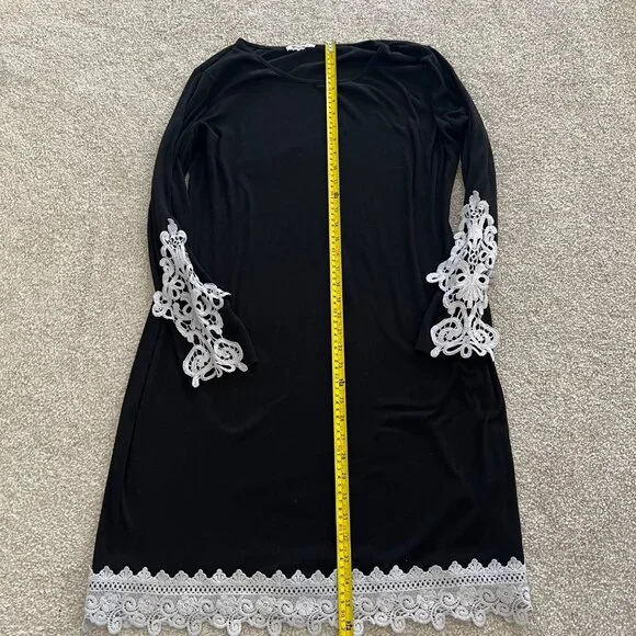 Whimsygoth Black Flowy Midi Dress With White Lace Hem & Lace Sleeve Details 2XL - Picture 6 of 8